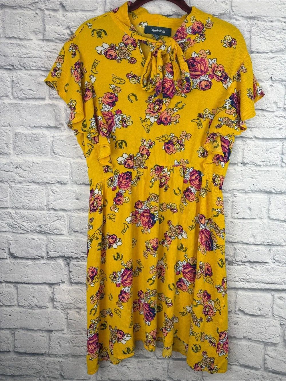 ModCloth Yellow Cowboy Boots Horseshoes Floral Tie-Neck Dress Size XL